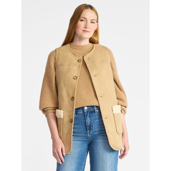 Time and Tru Women’s Faux Shearling Longline Vest, Lightweight, Sizes XS-XXXL