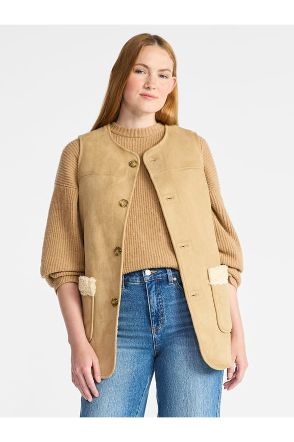 Women’s Faux Shearling Longline Vest, Lightweight, Sizes XS-XXXL