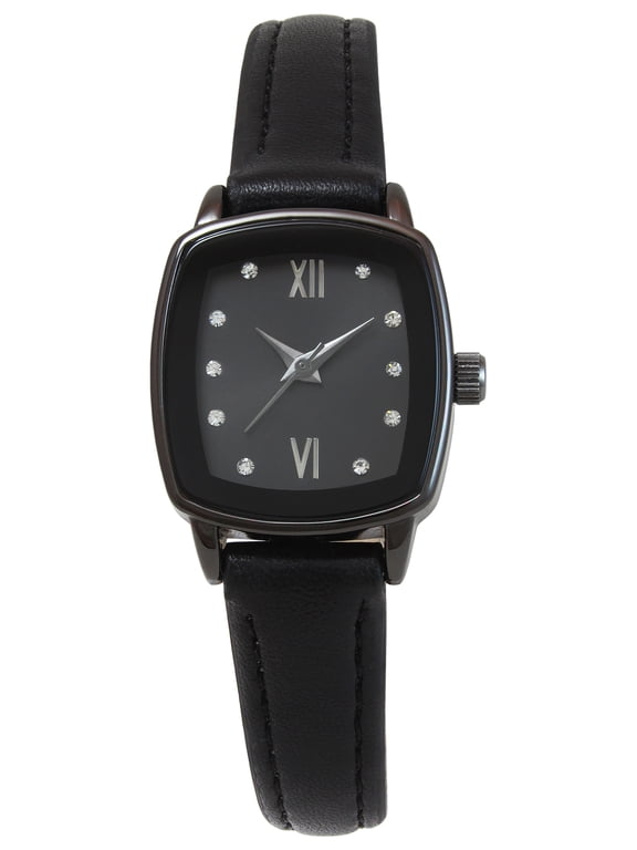 Women's Wristwatch, Analog Quartz, 23 mm Stainless Steel Case, Black PU Leather Band, Gunmetal