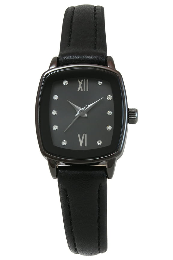 Time & Tru Ladies 23mm Gunmetal Tone Cushion Shape Mettalized Bezel Black Strap Watch