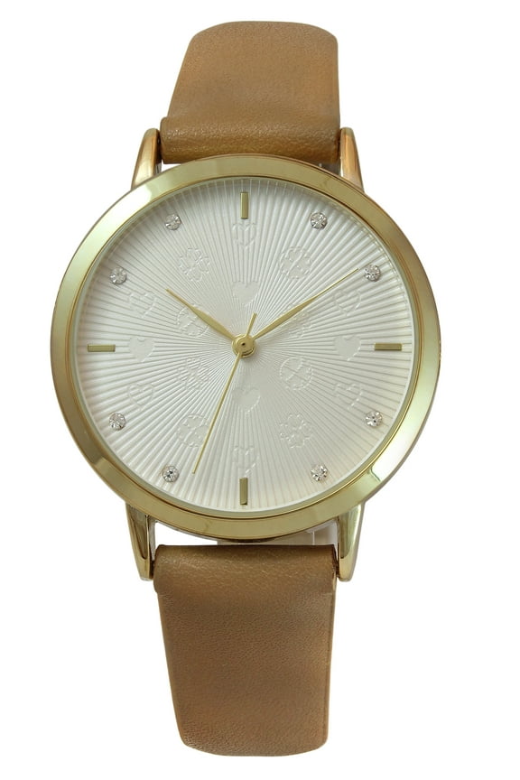 Time & Tru Ladies 34mm Gold Tone Etched Dial Adjustable Brown Strap Watch