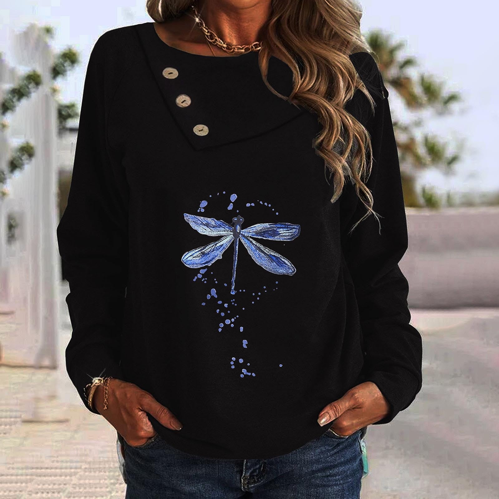 Time and Tru Ladies Casual Printed Round Neck Button Long Sleeve T