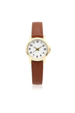 Time & Tru Ladies' Gold Tone Watch with PU Brown Strap and Date Function, 26.5 MM