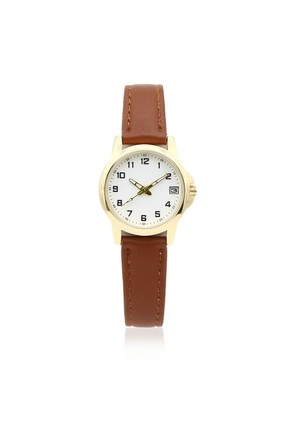 Time & Tru Ladies' Gold Tone Watch with PU Brown Strap and Date Function, 26.5 MM