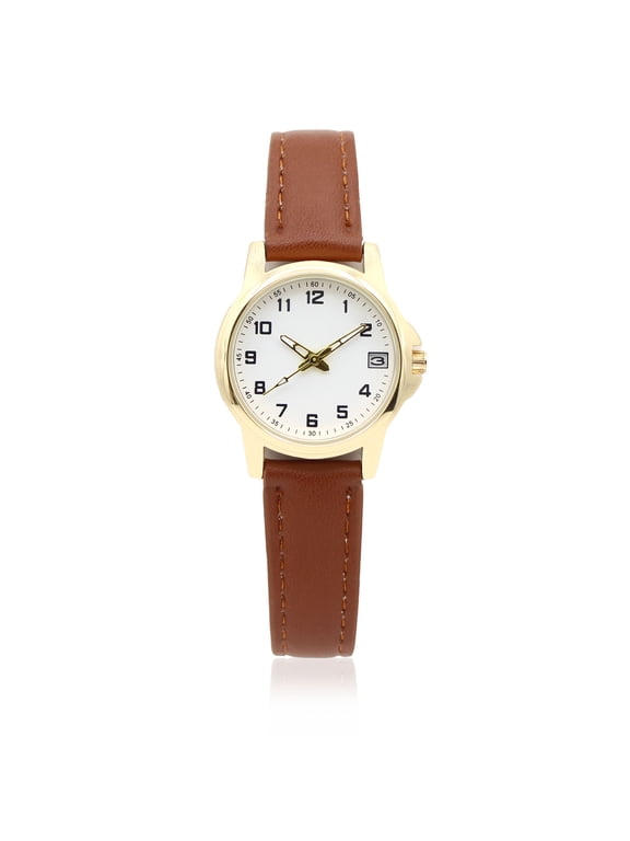 Time & Tru Ladies' Gold Tone Watch with PU Brown Strap and Date Function, 26.5 MM