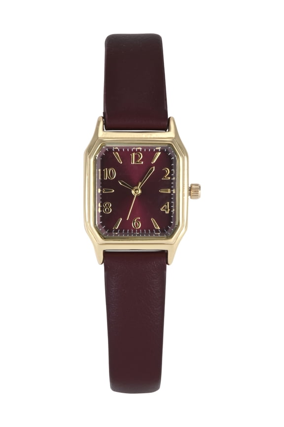 Time & Tru Ladies Goldtone Facet Cut Square Case with Burgundy PU Strap Watch