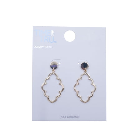 Time & Tru Ladies Scalloped Edge Dangle Earring, Gold Metal Earring, Circle Post, Drop Dangle