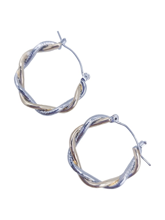 Time & Tru Ladies Twisted Hoop Earring, Gold and Silver Metal Earring, Hoop Style, Twisted Metal Design