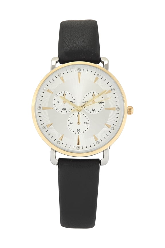 Time & Tru Ladies Two- Tone Round Case with Black PU Strapm Watch