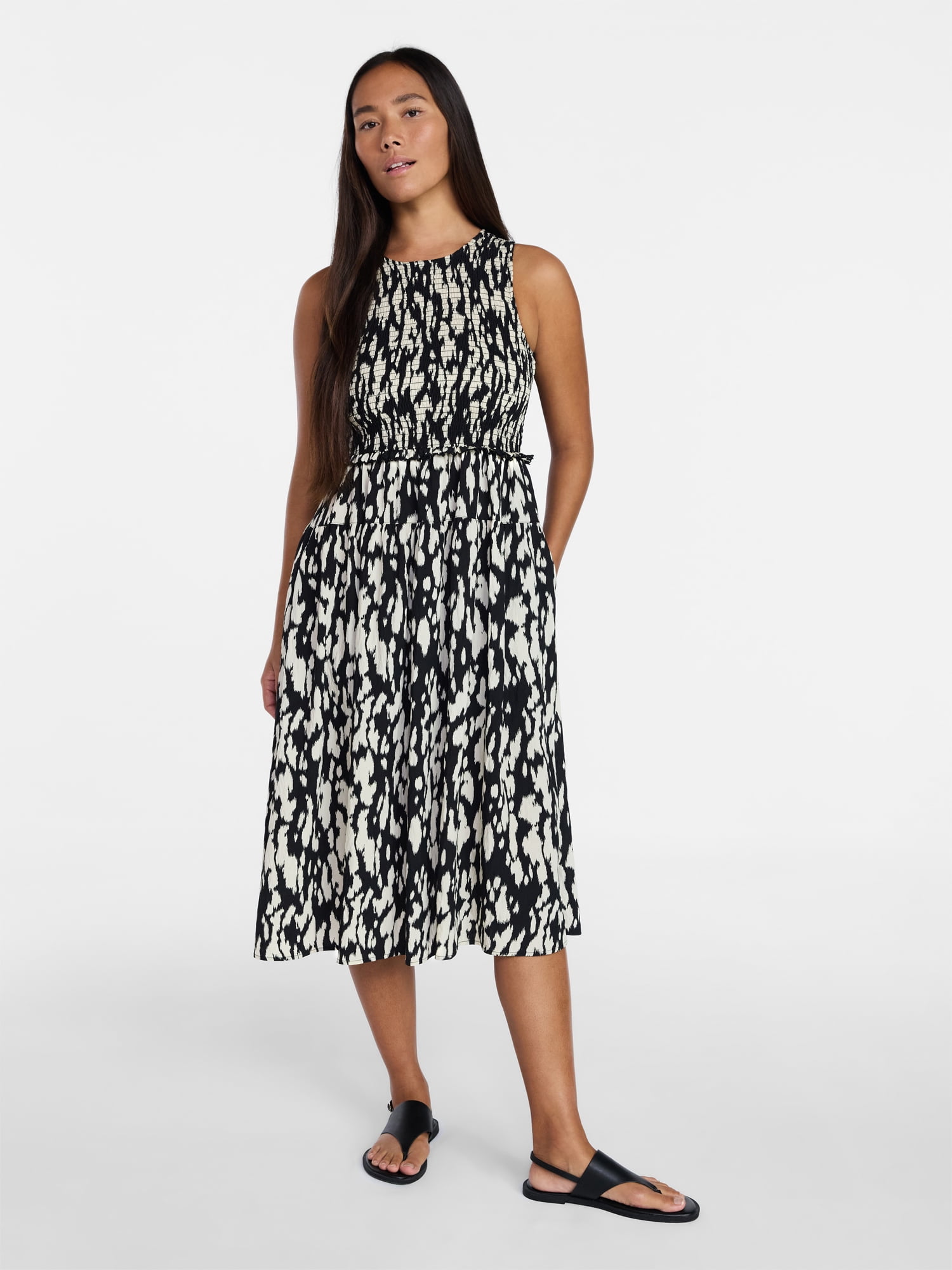 Time and Tru Women's Tiered Skirt Ruffle Smocked Midi Dress, Sizes XS-4X