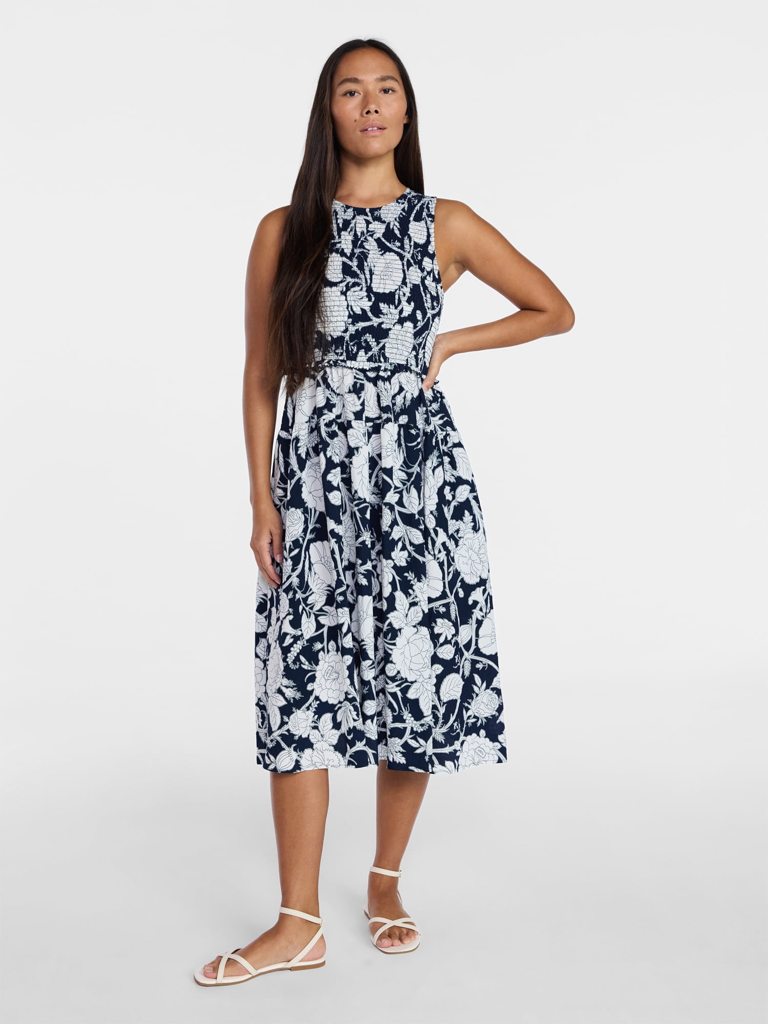 Time and Tru Women's Tiered Skirt Ruffle Smocked Midi Dress, Sizes XS-4X
