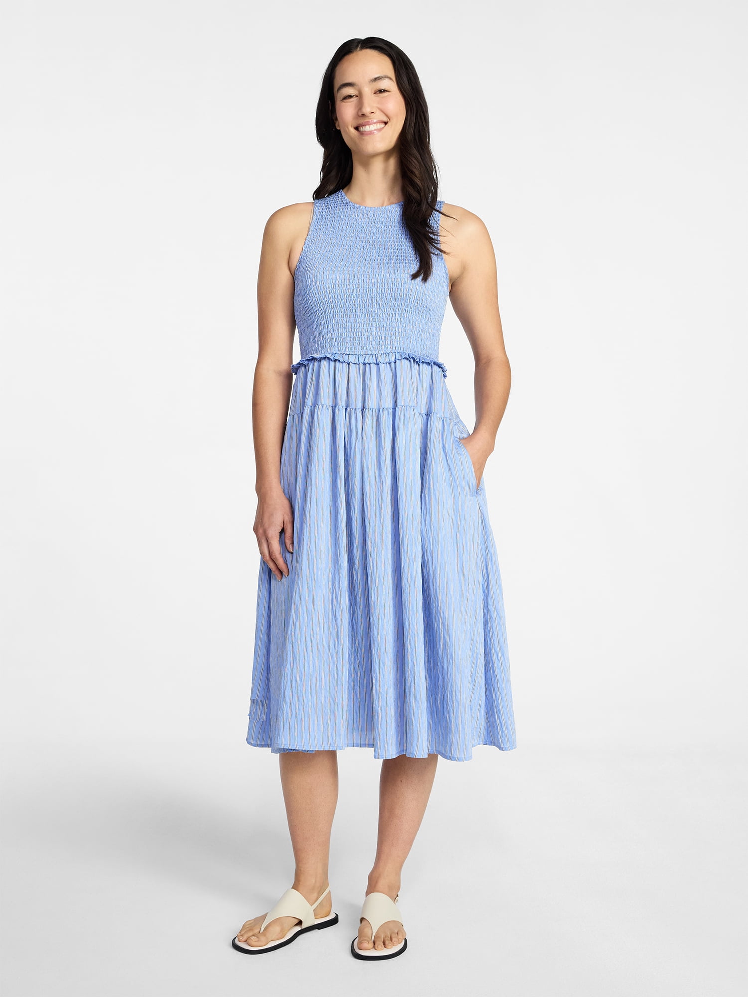 Time and Tru Women's Tiered Skirt Ruffle Smocked Midi Dress, Sizes XS-4X