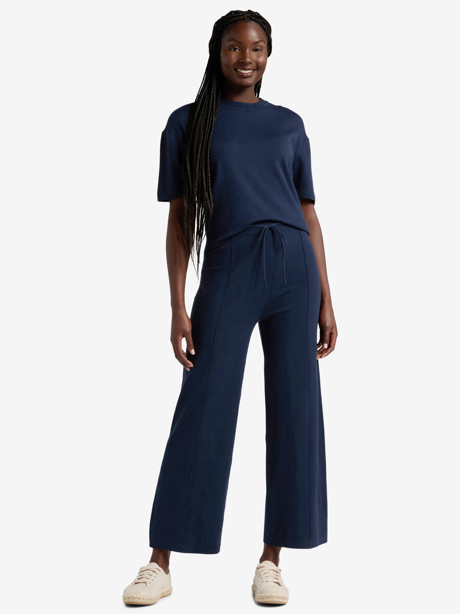Time & Tru Women's 2-Piece Short Sleeve Sweater and Wide Leg Pant Set, Sizes XS- XXXL