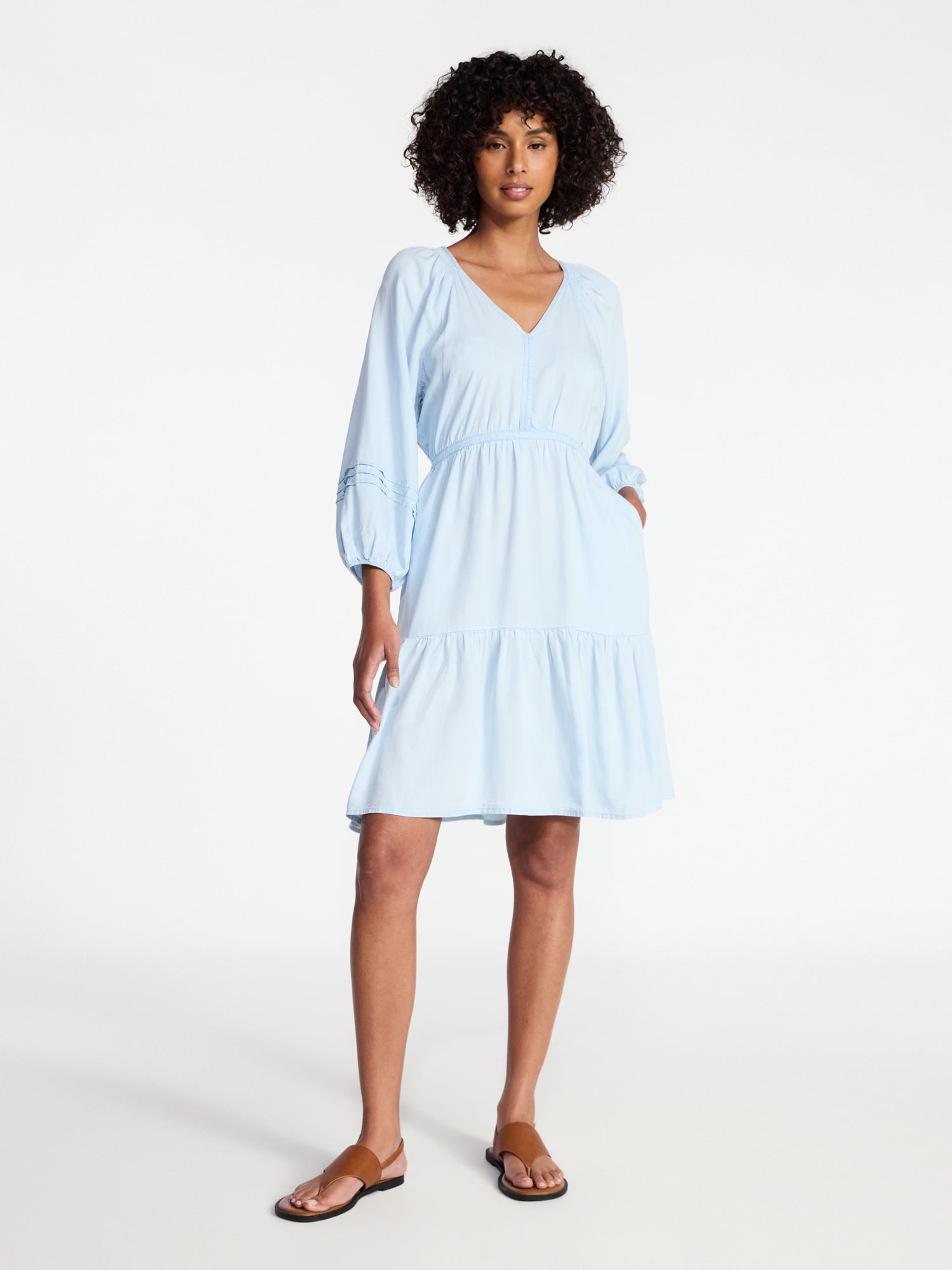 Time and Tru Women's Tiered Mini Dress with ¾ Sleeves, Sizes XS-XXXL
