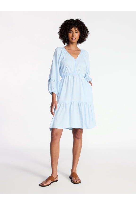 Women's Tiered Mini Dress with ¾ Sleeves, Sizes XS-XXXL