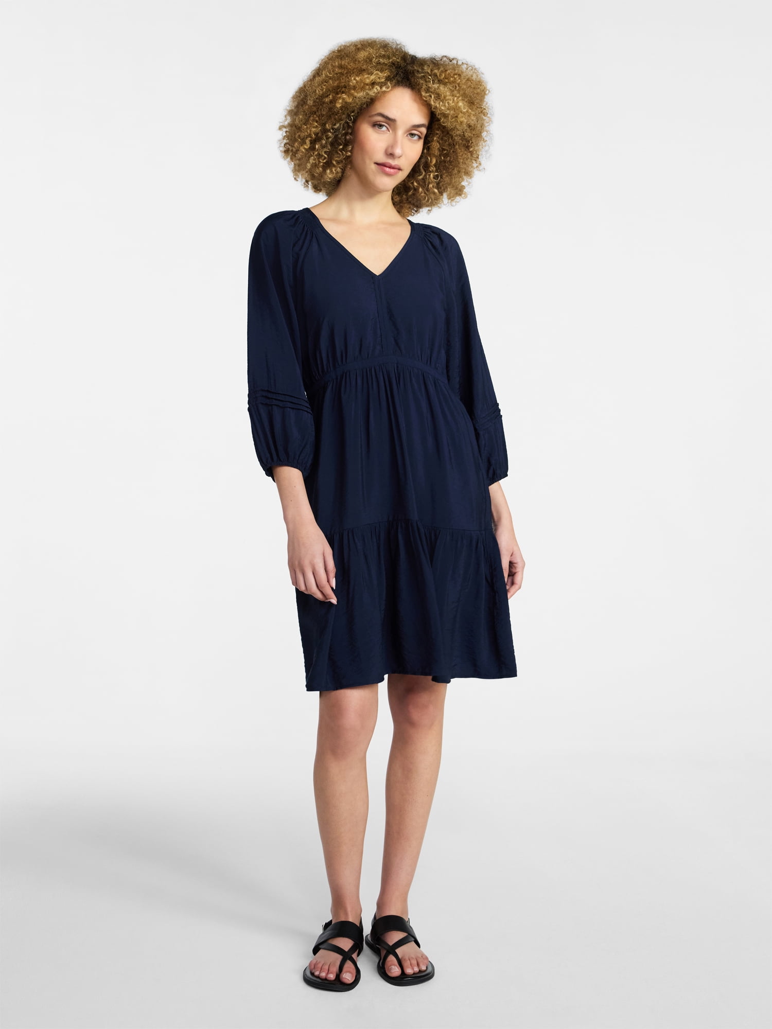 Time and Tru Women's Tiered Mini Dress with ¾ Sleeves, Sizes XS-XXXL ...