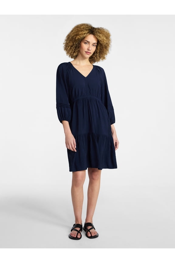 Women's Tiered Mini Dress with ¾ Sleeves, Sizes XS-XXXL