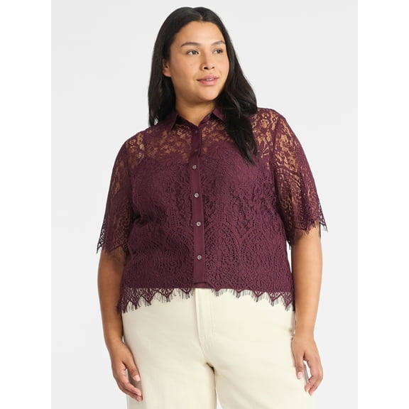 Time and Tru Women's Button Up Lace Blouse with Short Sleeves, Sizes XS-XXXL