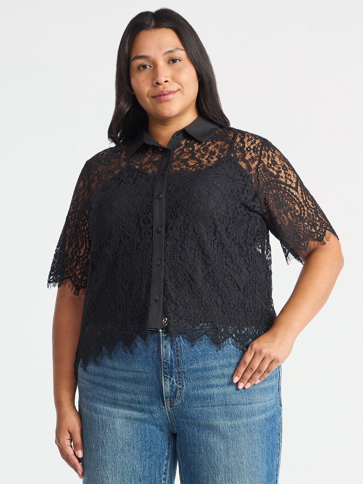 Time and Tru Women's Button Up Lace Blouse with Short Sleeves, Sizes XS-XXXL