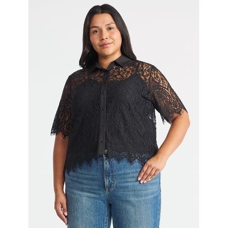 Time and Tru Women's Button Up Lace Blouse with Short Sleeves, Sizes XS-XXXL