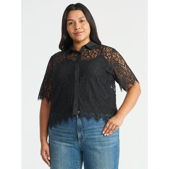 Time and Tru Women's Button Up Lace Blouse with Short Sleeves, Sizes XS-XXXL
