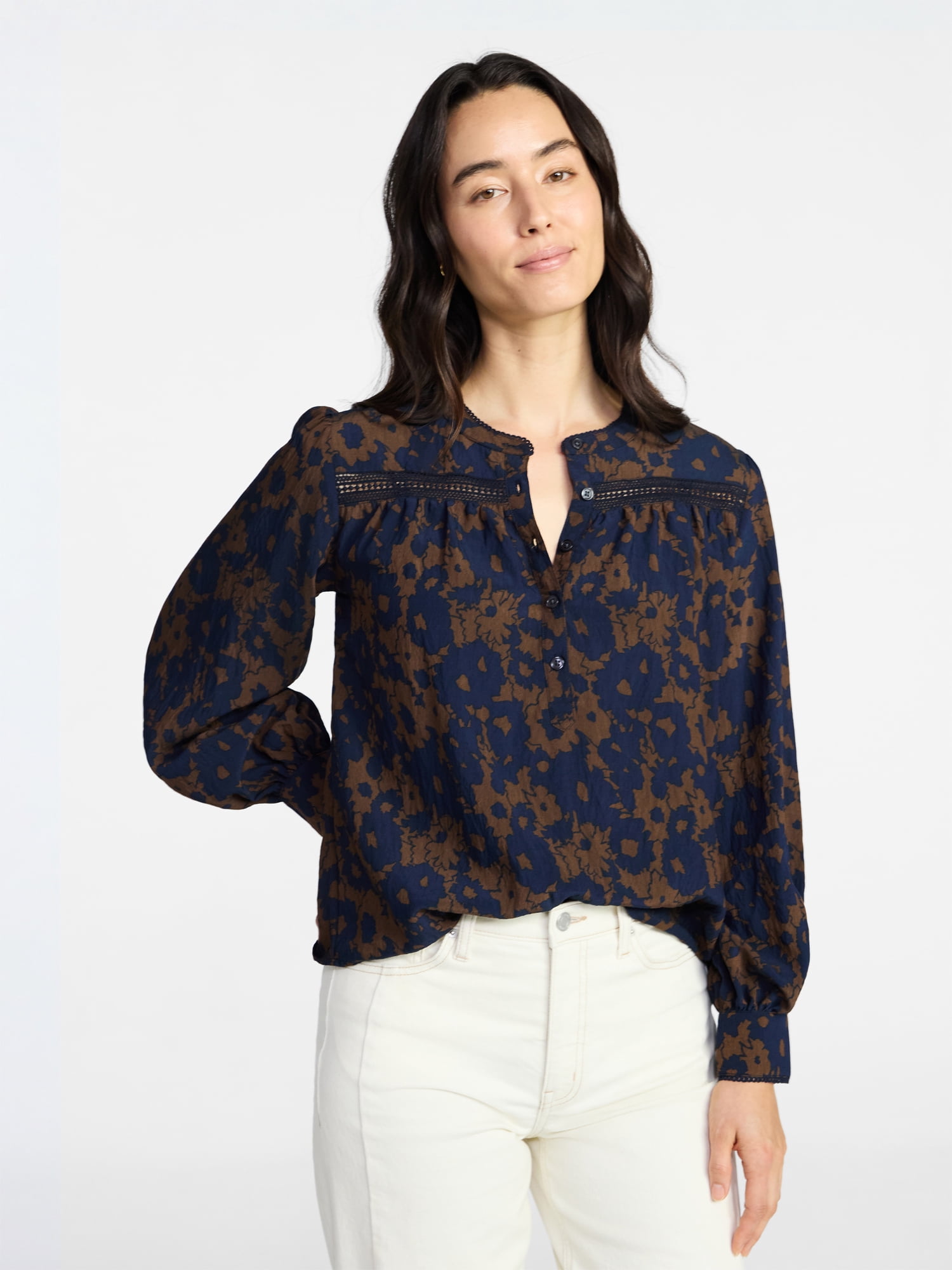 Time and Tru Women's Lace Yoke Shirt with Long Sleeves Sizes XS-XXXL