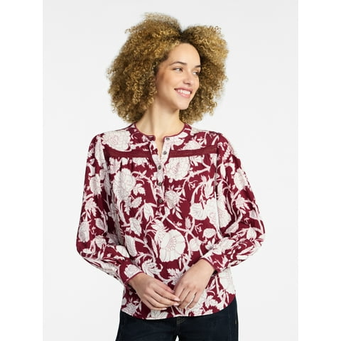 Women's Lace Yoke Shirt with Long Sleeves Sizes XS-XXXL