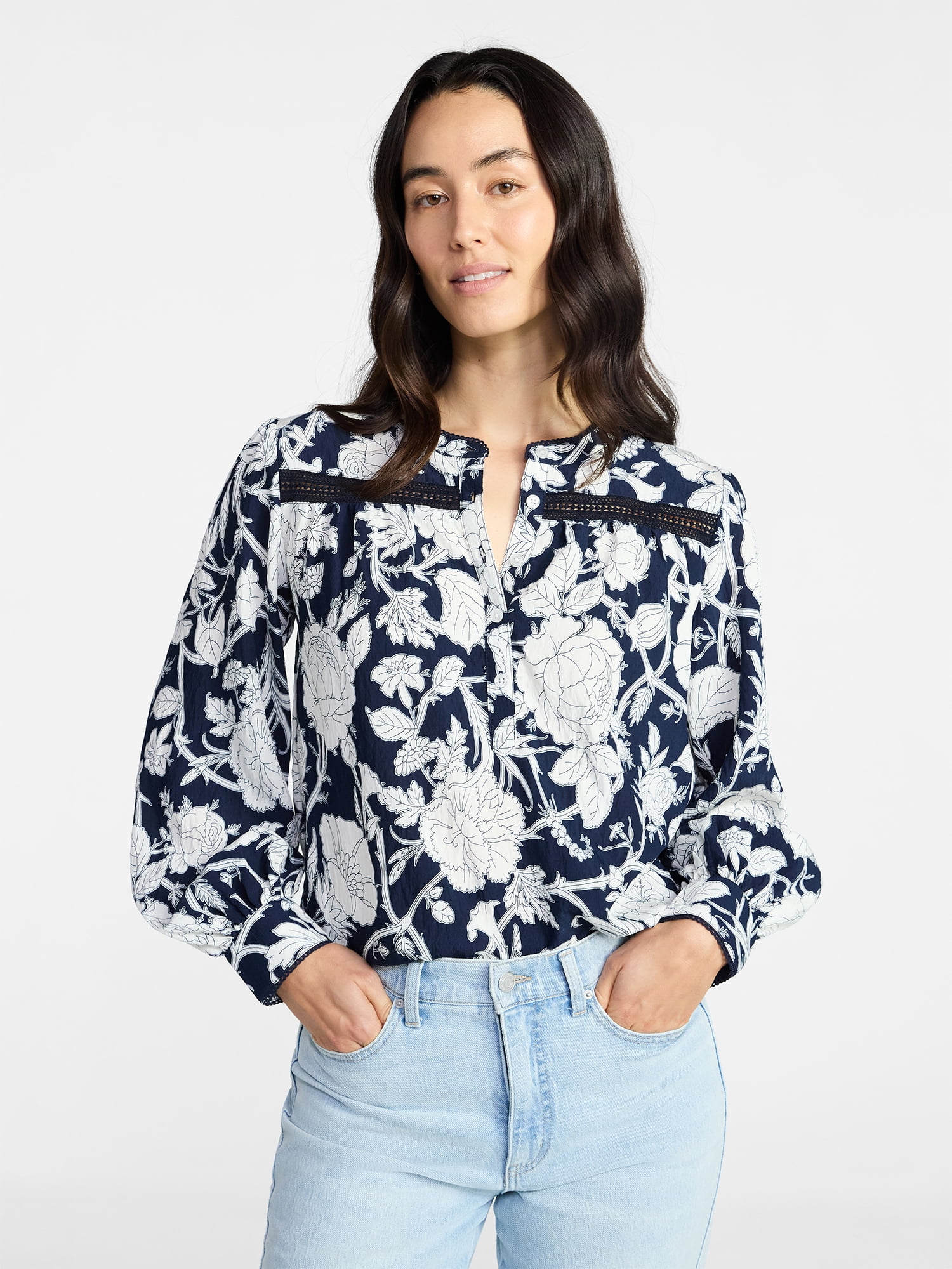 Time and Tru Women's Lace Yoke Shirt with Long Sleeves Sizes XS-XXXL