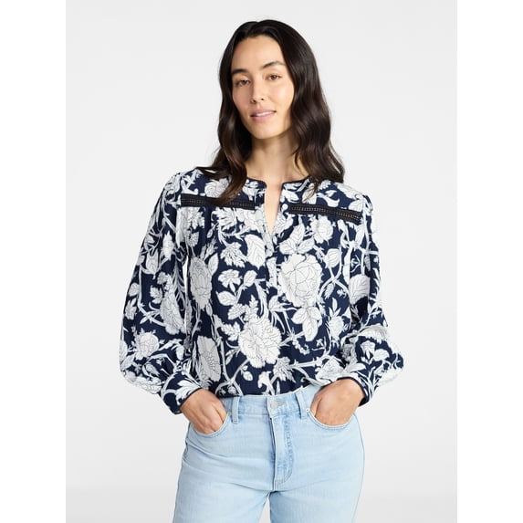 Time and Tru Women's Lace Yoke Shirt with Long Sleeves Sizes XS-XXXL