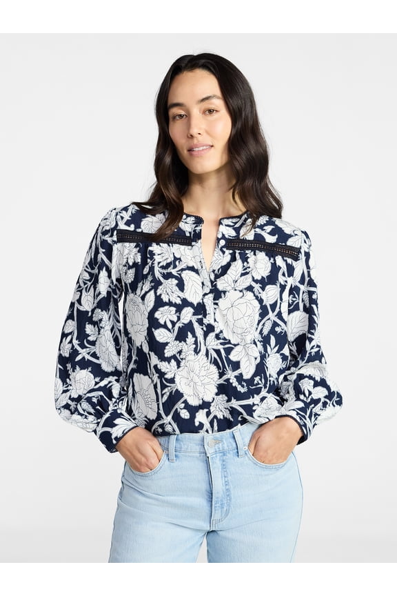 Women's Lace Yoke Shirt with Long Sleeves Sizes XS-XXXL