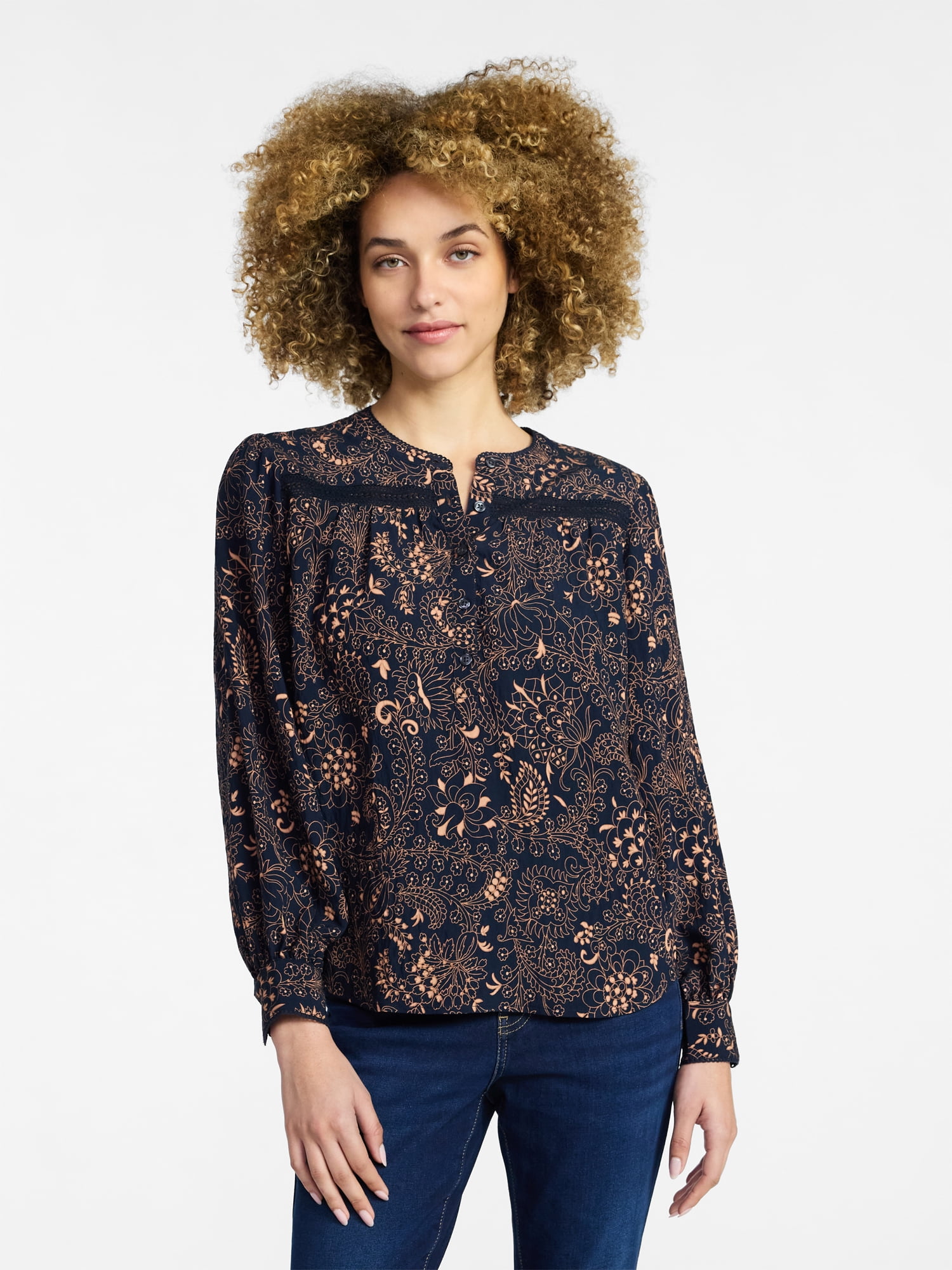 Time and Tru Women's Lace Yoke Shirt with Long Sleeves Sizes XS-XXXL