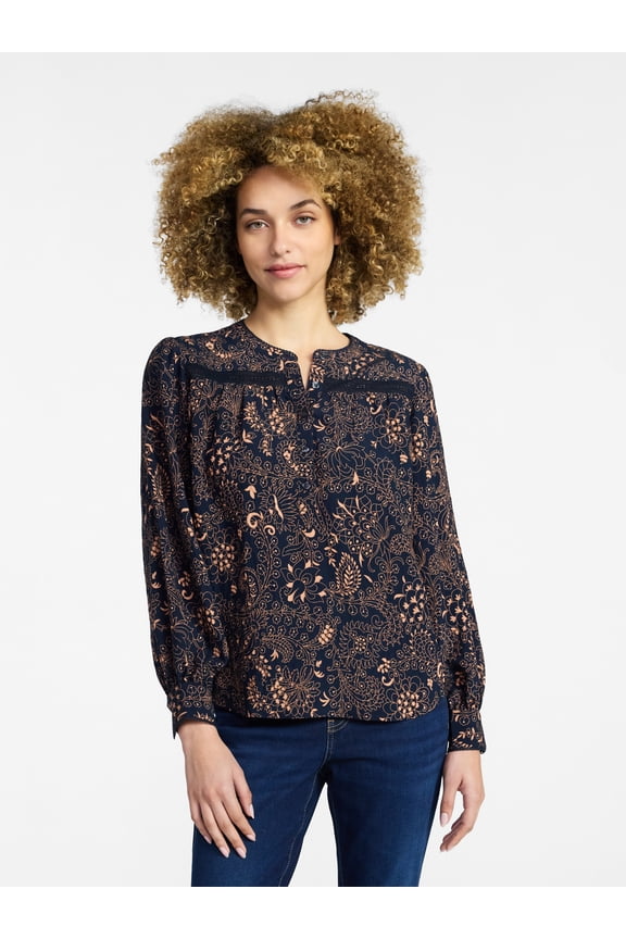 Women's Lace Yoke Shirt with Long Sleeves Sizes XS-XXXL