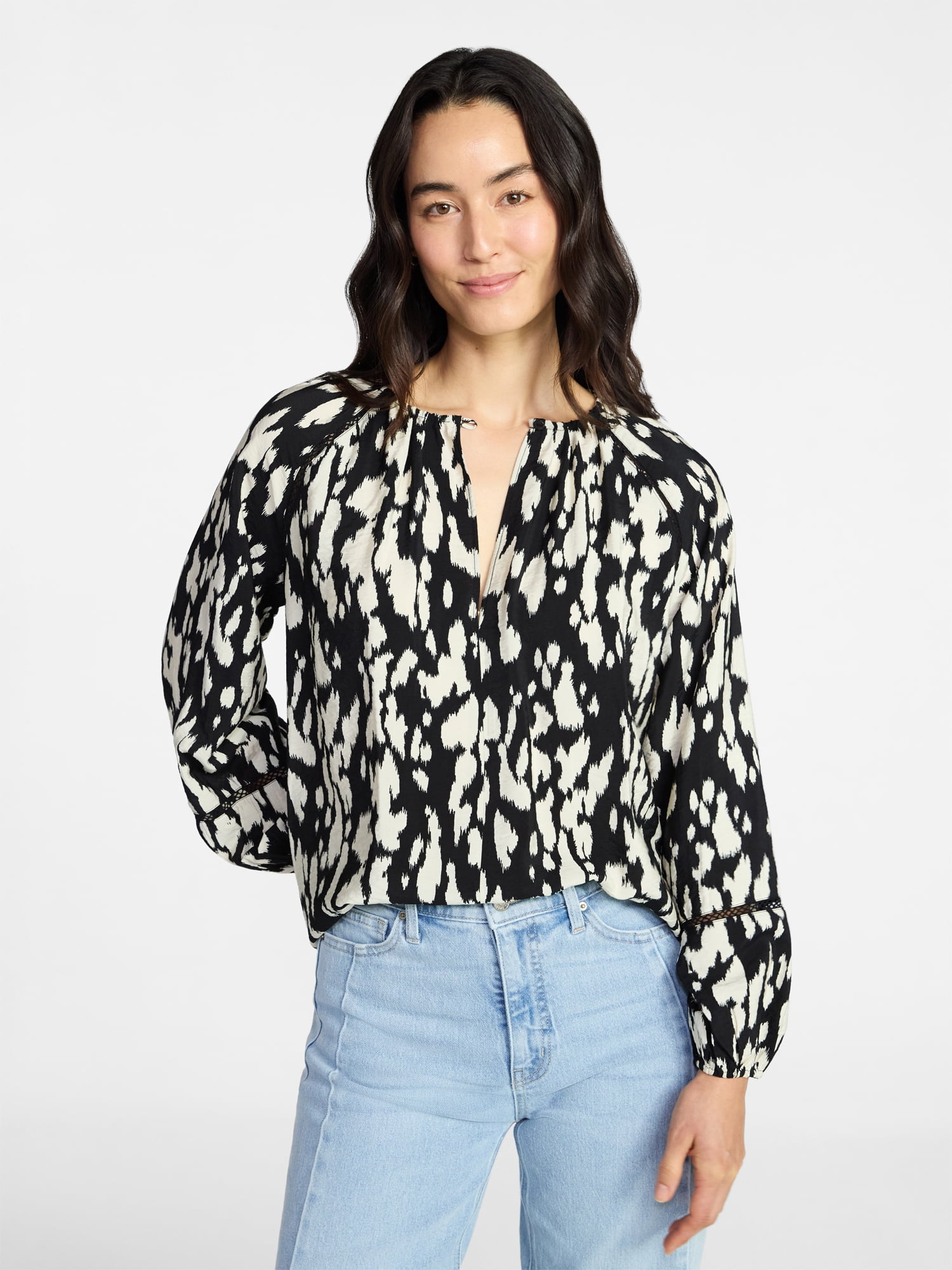 Time and Tru Women's Peasant Blouse with Long Sleeves, Sizes XS-XXXL