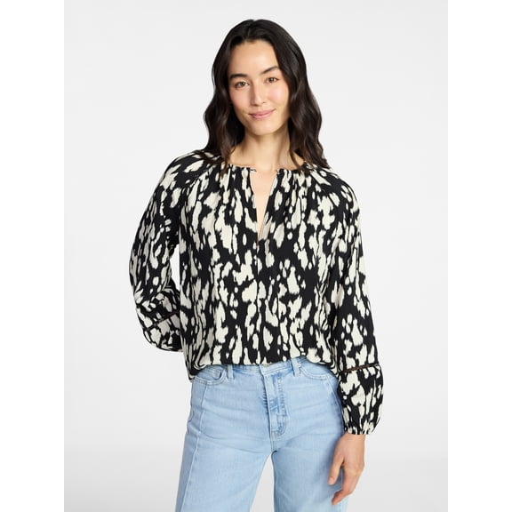 Time and Tru Women's Peasant Blouse with Long Sleeves, Sizes XS-XXXL