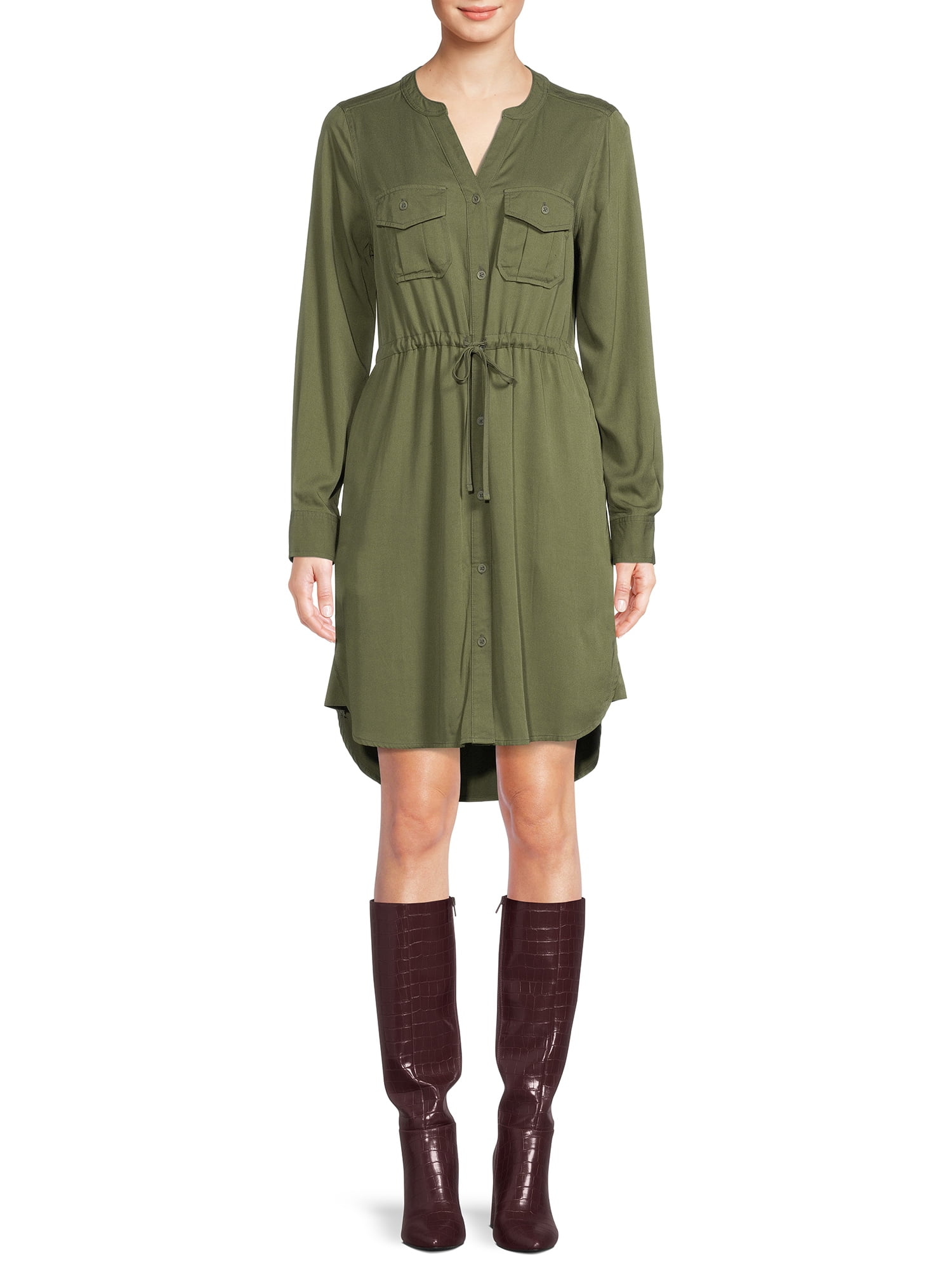 long sleeve utility shirt dress Long Sleeve Utility Button Down Linen Shirt Midi Dress - SMALL / BROWN