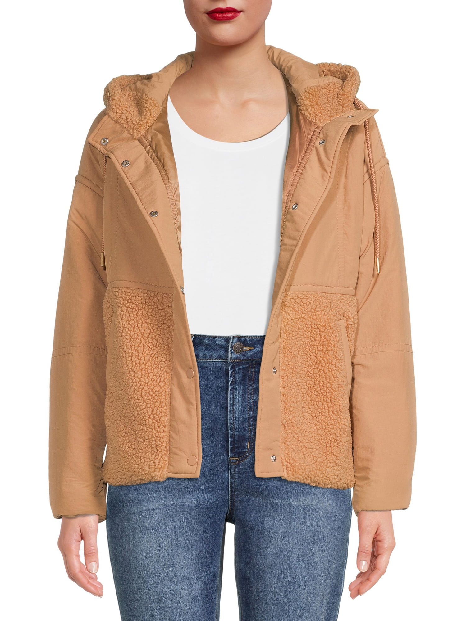 Time & Tru Women’s Mix Media Faux Sherpa Hooded Jacket