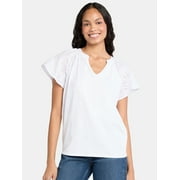 TIME AND TRU Time Tru Women's Mixed Media Cotton Top with Eyelet Flutter Sleeves, Sizes XS-XXXL