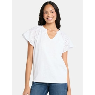 Time Tru Women's Mixed Media Cotton Top with Eyelet Flutter Sleeves, Sizes XS-XXXL