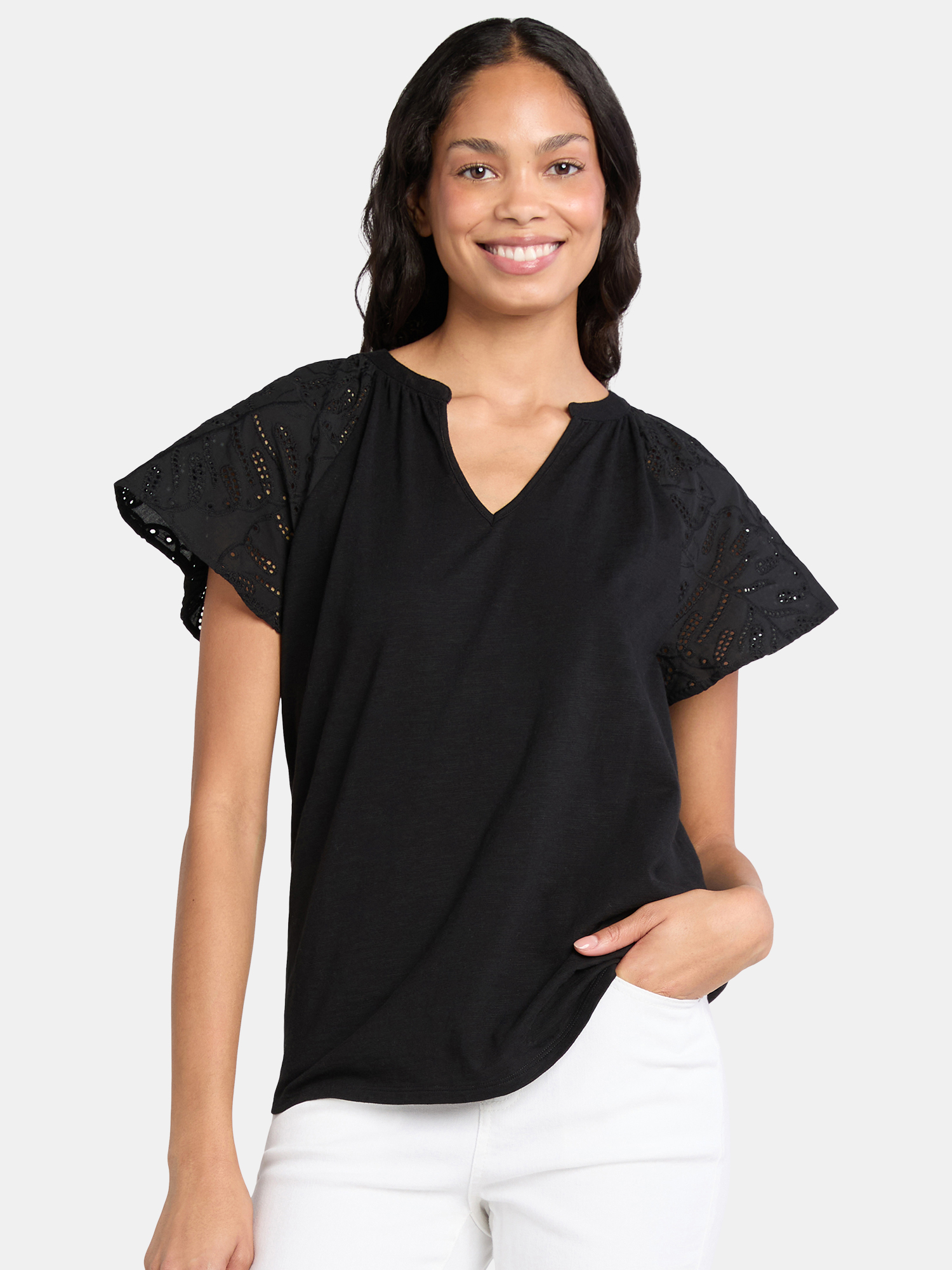 Time Tru Women's Mixed Media Cotton Top with Eyelet Flutter Sleeves, Sizes XS-XXXL