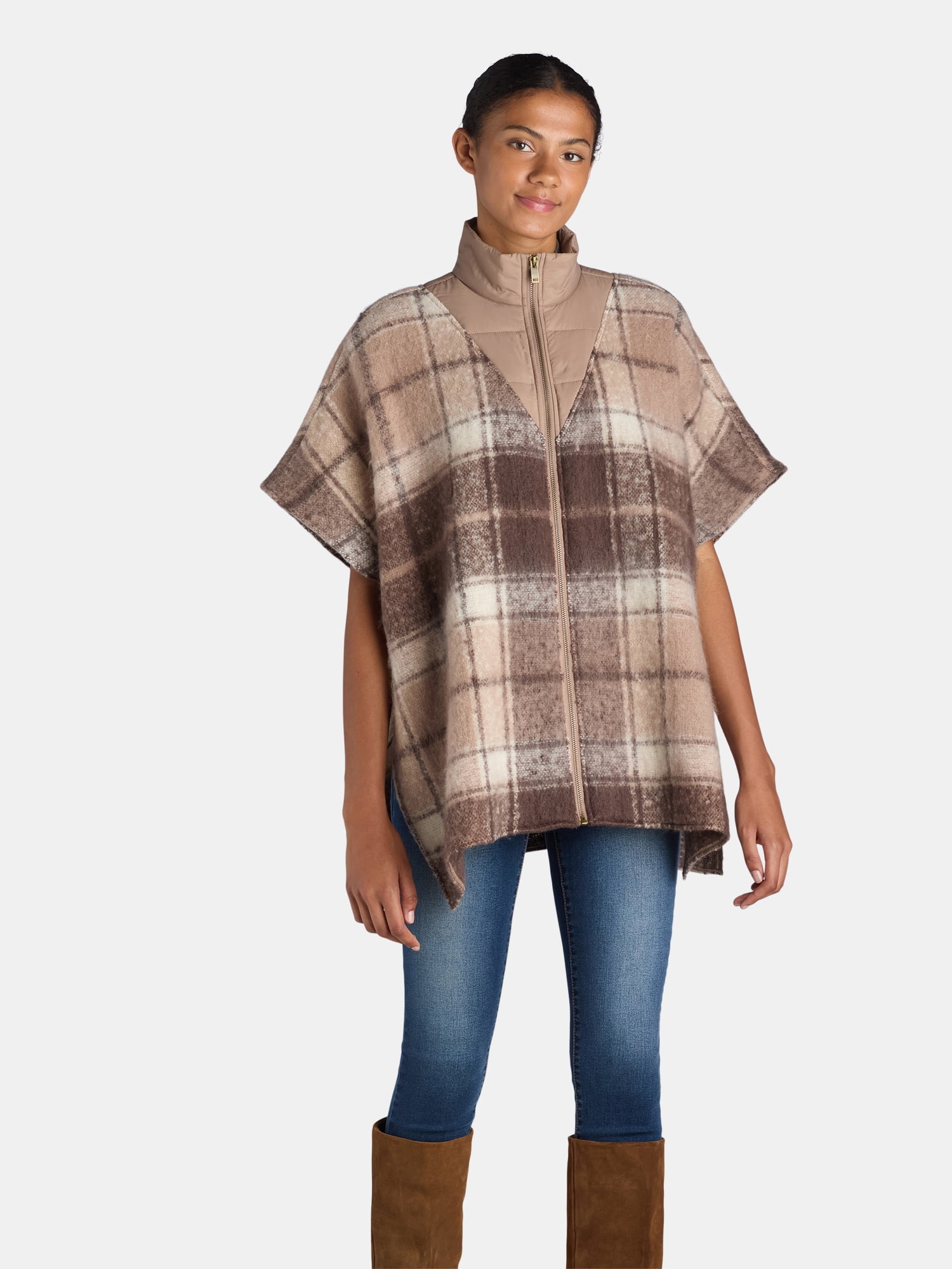 Time and Tru Women's Plaid Fashion Cover-Up Puffer Poncho, Tan, Size S ...