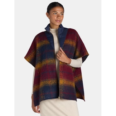 Time and Tru Women's Plaid Fashion Cover-Up Puffer Poncho, Wine, Size S/M