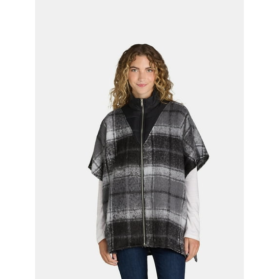 Time and Tru Women's Plaid Fashion Cover-Up Puffer Poncho, Dark Grey, Size S/M