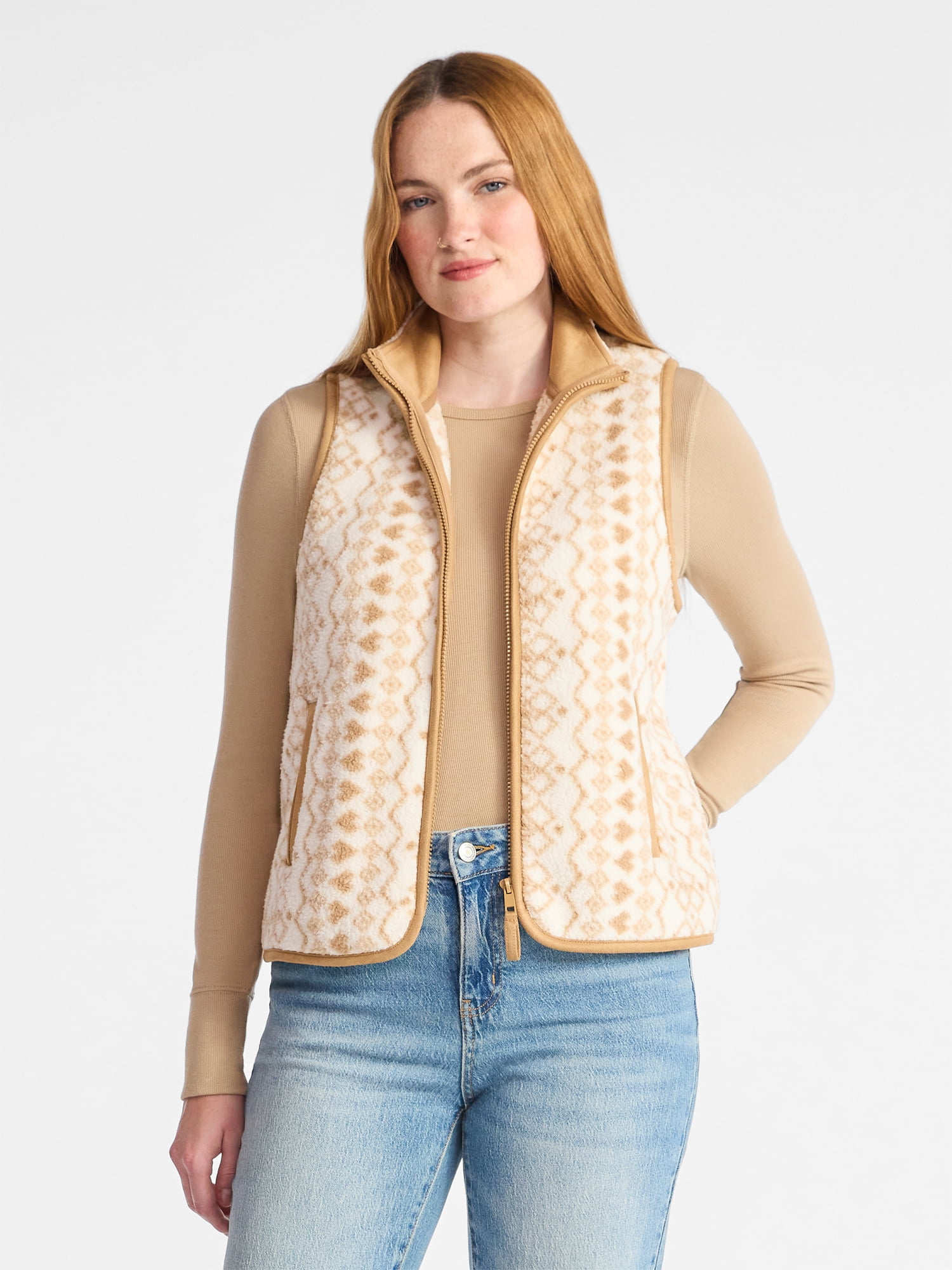 Time and Tru Women's Print Plush Fleece Zip Vest, Lightweight, Sizes XS-XXXL
