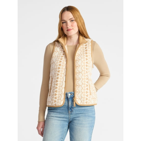 Time and Tru Women's Print Plush Fleece Zip Vest, Lightweight, Sizes XS-XXXL