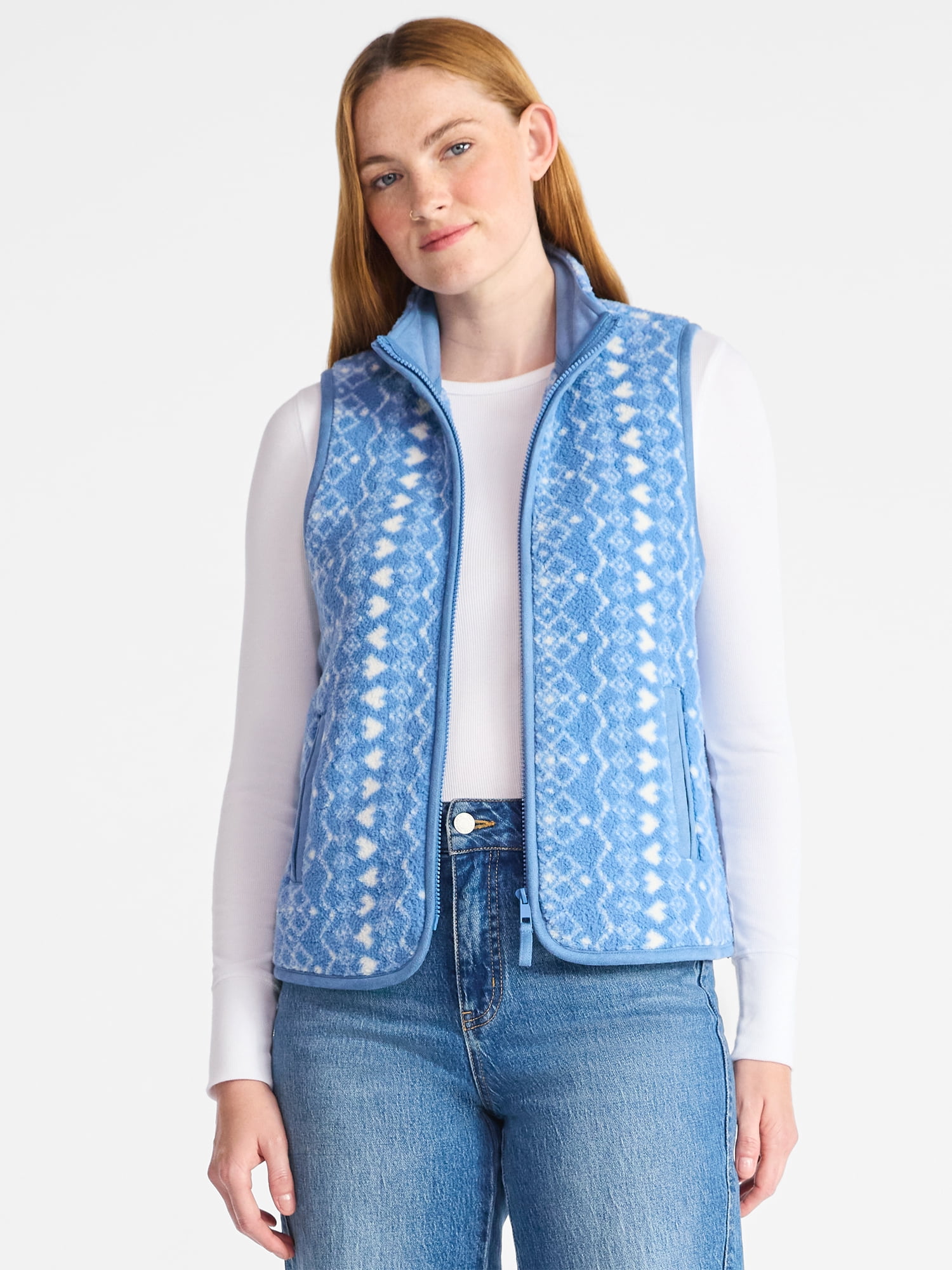 Time and Tru Women's Print Plush Fleece Zip Vest, Lightweight, Sizes XS-XXXL