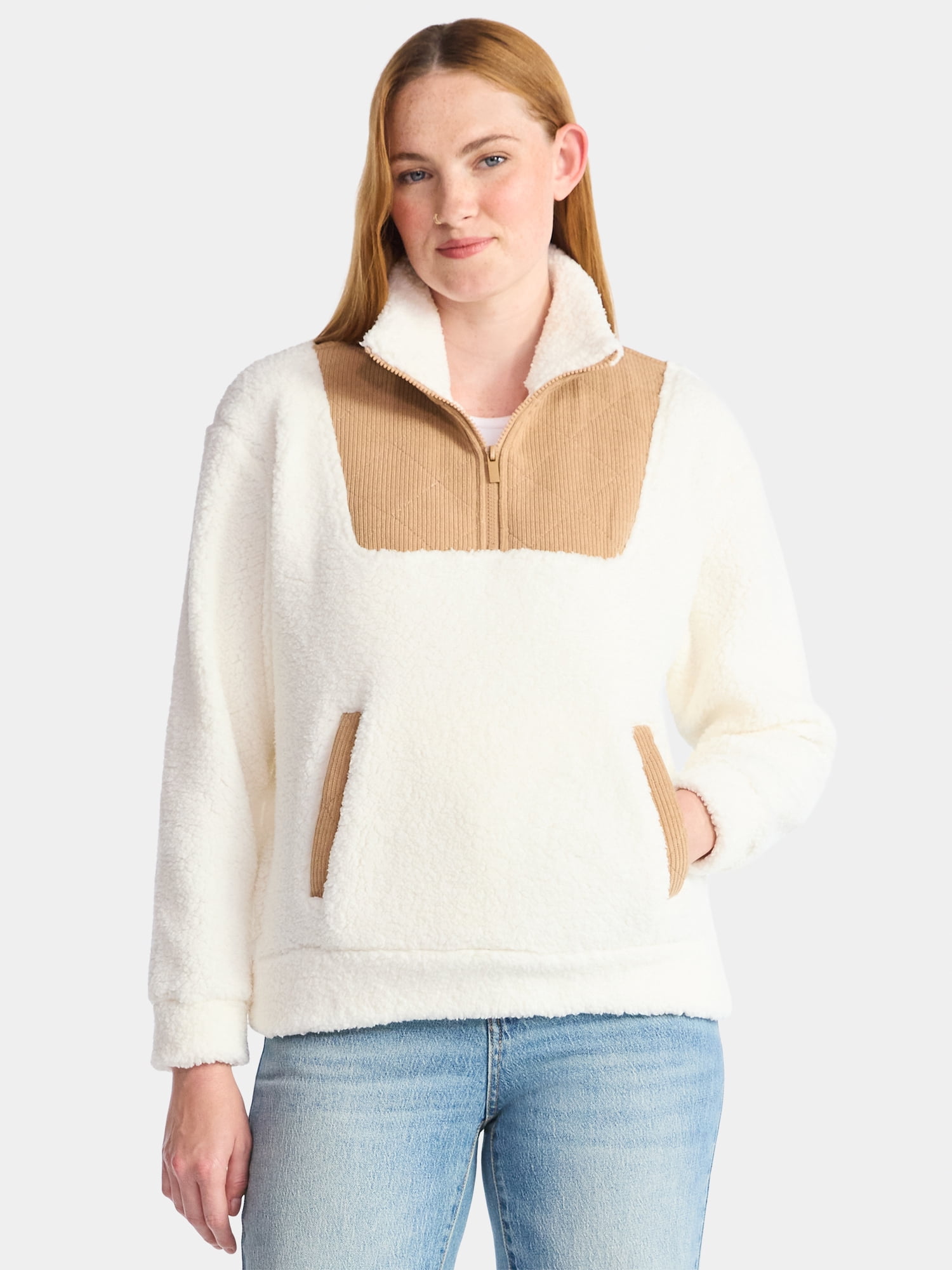 Time and Tru Women's Plush Fleece Quarter Zip Jacket with Corduroy Trim, Lightweight, Sizes XS-XXXL