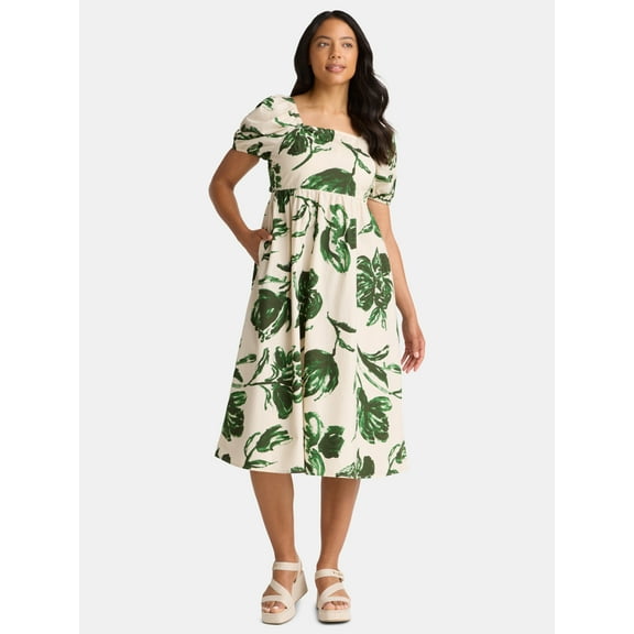 Time and Tru Women's Cotton Tie Back Midi Dress, Sizes XS-XXXL
