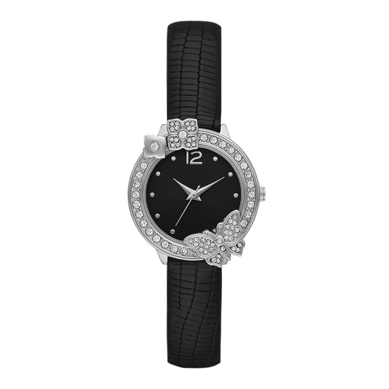 Time and Tru Women s Watch Silver Round Case Crystals On Bezel with Flower and Butterfly Accents Black Sunray Dial and Black Textured Pattern Faux