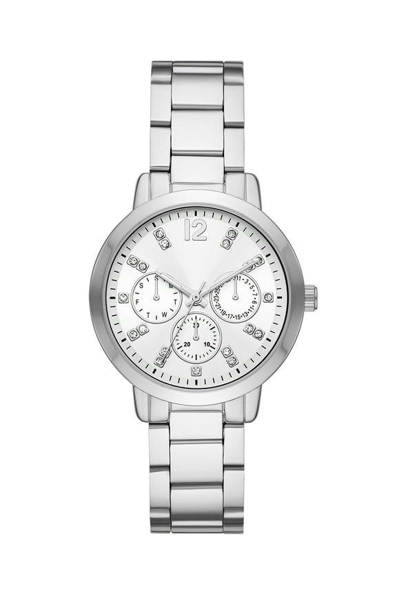 Time & Tru Women's Watch, Silver Tone Round Case and 3 Link Bracelet, Silver Sunray Dial with 3 Sub dials (FMDOTT109)