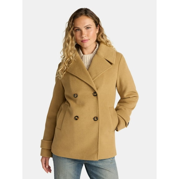 Time and Tru Women's and Women's Plus Faux Wool Peacoat, Sizes XS-3X